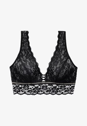 Črna čipkasta braletka z globokim V-izrezom, valovitimi robovi, križnimi naramnicami in širokim čipkastim trakom z cvetličnimi vzorci ter subtilnim obrobjem.