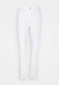 Vaqueros de mezclilla blanca con un diseño de ajuste slim, pierna recta, bolsillos delanteros y traseros, y cierre de botón en la cintura.