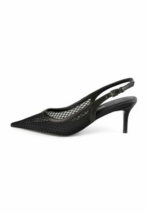 Zwarte mesh slingback hoge hakken met een spitse neus, voorzien van een gestructureerd oppervlak en een dunne, stiletto hak voor een slanke uitstraling.
