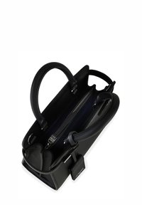 Sac en cuir noir avec double poignées, une poche intérieure zippée et une finition texturée. Comprend des ferrures en argent et une étiquette discrète.