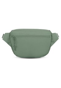 Zelená látková pásková taška s hladkým povrchem, přední kapsou na zip a nastavitelným popruhem. Kompaktní, zaoblený design pro snadnou přenosnost.