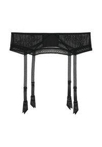 Ce porte-jarretelles en dentelle noire possède une large bande, des détails complexes, des sangles élastiques et des nœuds en satin aux extrémités. Il présente une texture transparente.