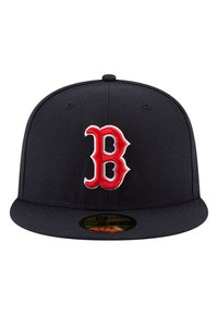 Black baseball cap featuring a raised, embroidered red "B" logo with white accents on the front. Equipped with a flat brim and fitted design.