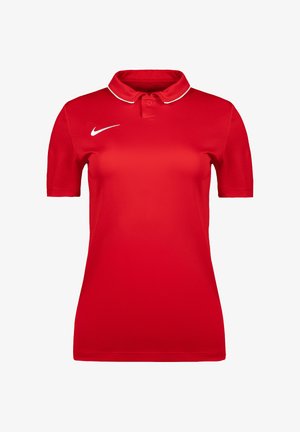 Polo Nike rouge à manches courtes avec un logo swoosh blanc sur la poitrine droite et un col boutonné bordé de blanc.