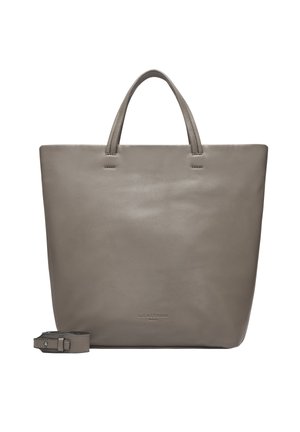 Graue Leder-Shopper-Tasche mit zwei Griffen, minimalistisches Design und abnehmbarem Schulterriemen. Verfügt über eine Naht entlang der Kanten und ein geprägtes Logo auf der Vorderseite.