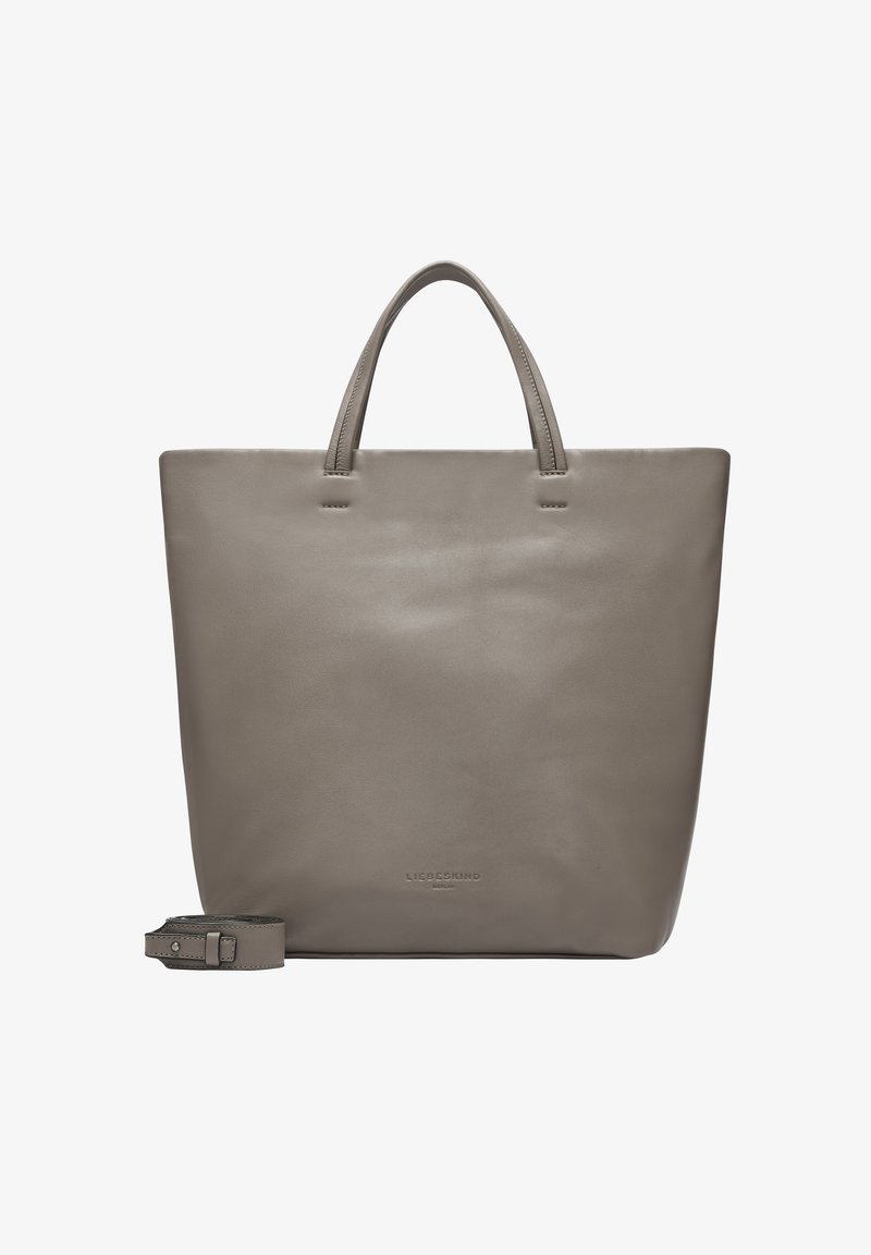 Grijze lederen tote bag met twee handvatten, minimalistisch ontwerp en een afneembare schouderriem. Heeft stiksels langs de randen en een geperst logo aan de voorkant.