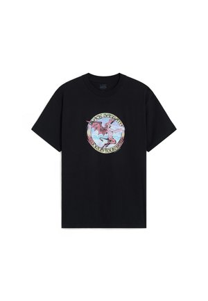 Zwart T-shirt met korte mouwen en een circulair vintage Black Sabbath World Tour 1978-logo met een gevleugelde demon in het midden.