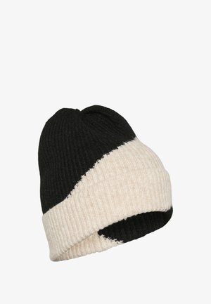 Strickmütze in Schwarz und Creme, mit einem kontrastierenden Farbkblockdesign. Gerippte Textur mit einem Knoten oben.