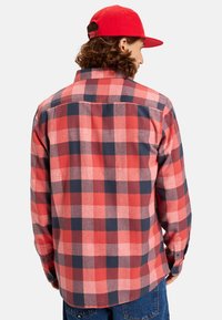 Rood en marineblauwe geruiten blouse met een button-down kraag, lange mouwen en knoopmanchetten, gemaakt van textuurstof. Achteraanzicht getoond.