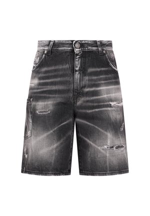 Czarne dżinsowe szorty z przetarciami, z przodu na guziki, z pętlami na pasek i bocznymi kieszeniami, prezentowane na białym tle.