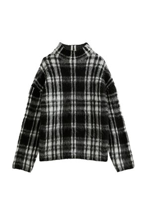 Suéter de cuadros difusos en blanco y negro, de manga larga y con cuello alto, presentado plano sobre un fondo blanco.