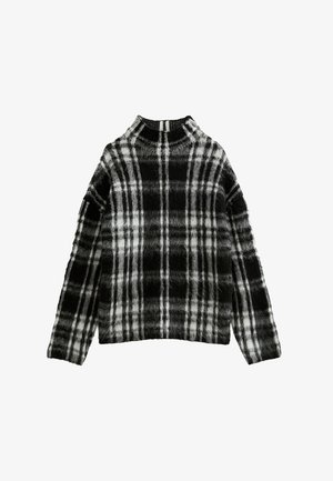 Schwarz-weißer, fusselfreier, karierter Langarmpullover mit hohem Kragen, flach auf einem weißen Hintergrund präsentiert.