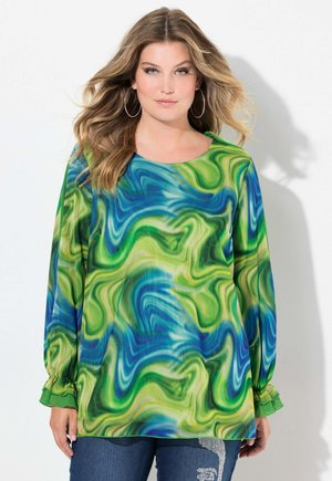 Langarmtop met een spiraalpatroon in groen, blauw en turquoise. Gemaakt van zachte stof, met gegatherde boorden en een ronde halslijn.