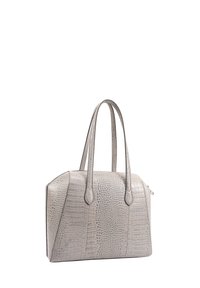 Grijze handtas van faux leer met een krokodillenstructuur, ronde vorm, twee stevige handvatten en een ritsluiting aan de bovenkant.