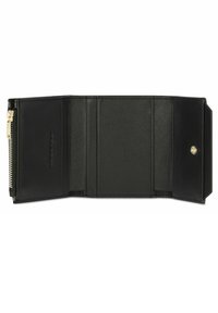 Portafoglio in pelle nera con scomparto con zip, più slot per carte e chiusura a scatto. Caratterizzato da una superficie liscia e un design pulito.