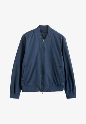 Marineblauwe bomberjas met een rits aan de voorkant, geribde kraag, manchetten, zoom en twee verticale zijzakken.