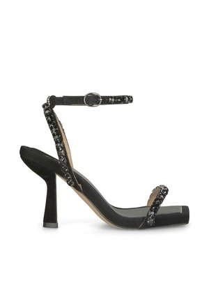 Black high-heeled sandal with a thin ankle strap, embellished with black sequins, featuring a sleek open-toe design and wide block heel.