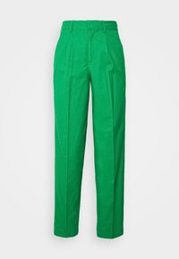 High-waisted bright green straight-leg trousers with belt loops and front pleats against a plain white background.