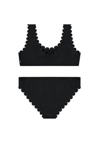 Čierny bikiny set s vlnitými okrajmi. Vrchná časť má široké ramienka a okrúhly výstrih, zatiaľ čo spodná časť sa vyznačuje vysokým strihom.