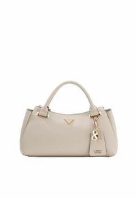 Sac à main en cuir beige avec ferrures dorées, de forme arrondie, à double poignée, et une étiquette détachable portant le numéro 81 et le logo de la marque.