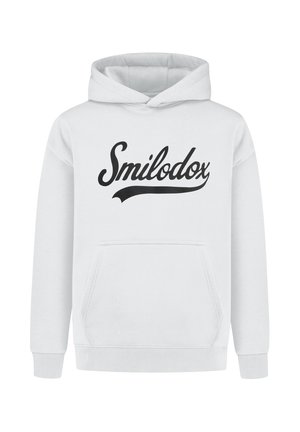 Felpa bianca con un grande logo testuale nero "Smilodox". Include una tasca a marsupio frontale e polsini a costine. Tessuto morbido e texturizzato.