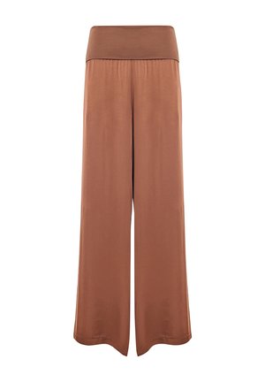 Pantaloni a gamba larga in un tessuto marrone caldo opaco. Presentano una vita alta elastica e una consistenza liscia senza motivi o accenti visibili.
