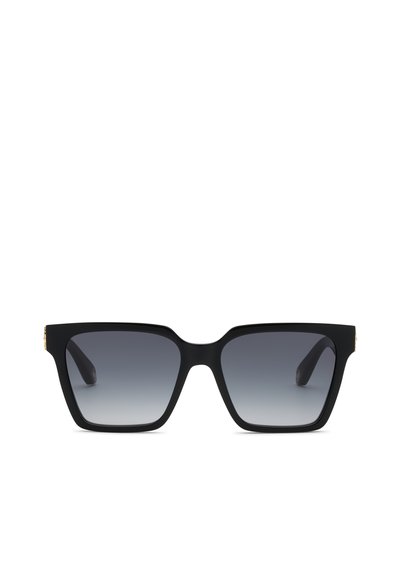 Lunettes de soleil carrées noires surdimensionnées avec des montures épaisses et des verres dégradés gris foncé, présentées sur fond blanc.