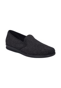 Black slip-on shoes with a woven herringbone pattern, soft fabric upper, and textured sole for grip. Rounded toe and low-profile design.