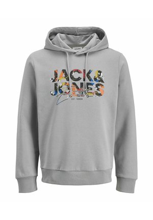 Szürke kapucnis pulóver, húzózsinórral és bordázott mandzsettákkal. Az elején színes grafikai felirat található: "JACK & JONES Essentials" mintázatokkal.