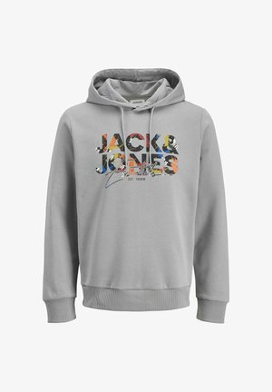 Szürke kapucnis pulóver, húzózsinórral és bordázott mandzsettákkal. Az elején színes grafikai felirat található: "JACK & JONES Essentials" mintázatokkal.