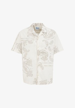 Camicia a maniche corte con colletto in tessuto crema, caratterizzata da una stampa paisley beige e chiusura a bottoni. Texture morbida, vestibilità casual con dettagli decorativi.