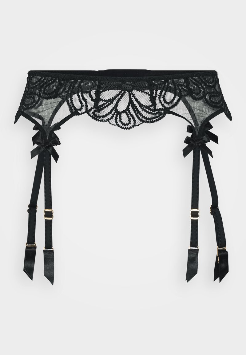 Garter belt en dentelle noire avec motif floral et texture transparente. Doté de nœuds en satin et de sangles réglables, rehaussé de quincaillerie dorée.