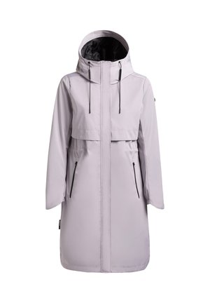 Jasnoszara wodoodporna parka z kapturem, z pełnym suwakiem z przodu i dwoma zapinanymi na suwak bocznymi kieszeniami, odpowiednia na zimną pogodę.