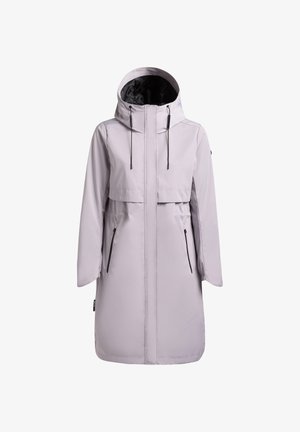 Jasnoszara wodoodporna parka z kapturem, z pełnym suwakiem z przodu i dwoma zapinanymi na suwak bocznymi kieszeniami, odpowiednia na zimną pogodę.