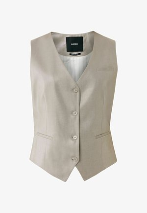 Beige bezramenný svetr s V výstřihem, pěti knoflíky na zapínání, dvěma bočními kapsami a texturovaným materiálem. Podšívka s vertikálními pruhy.