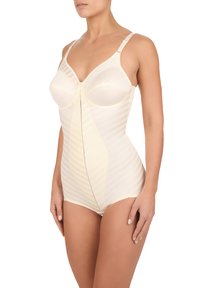 Beige shapewear bodysuit met textuurstrepen, onderdraadsteun, verstelbare bandjes en een ritssluiting aan de voorkant. Zacht, glad materiaal.
