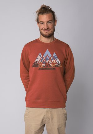 Roestkleurige sweatshirt met ronde hals, met een geometrische bergafbeelding in blauw, bruin en wit. Gemaakt van zacht katoen.