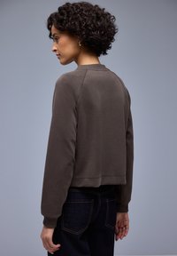 Braunes, kurz geschnittenes Sweatshirt mit gerippten Bündchen an Ärmeln und Saum, zeichnet sich durch eine glatte Textur aus. Seitliche Ansicht, betont eine entspannte Passform.