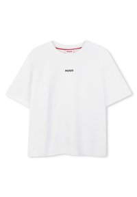Witte katoenen t-shirt met korte mouwen, met een zwart "HUGO" logo gecentreerd op de borst en een rode accent in de halslijn.