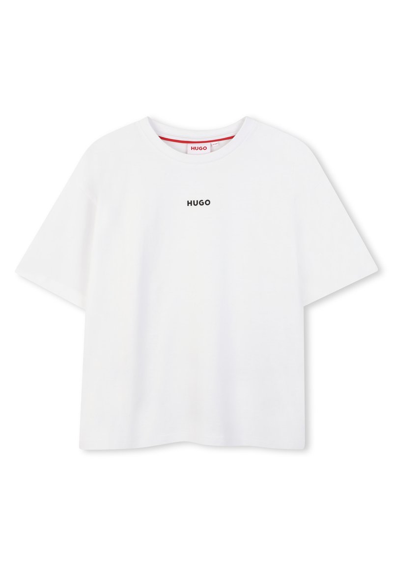 Witte katoenen t-shirt met korte mouwen, met een zwart "HUGO" logo gecentreerd op de borst en een rode accent in de halslijn.