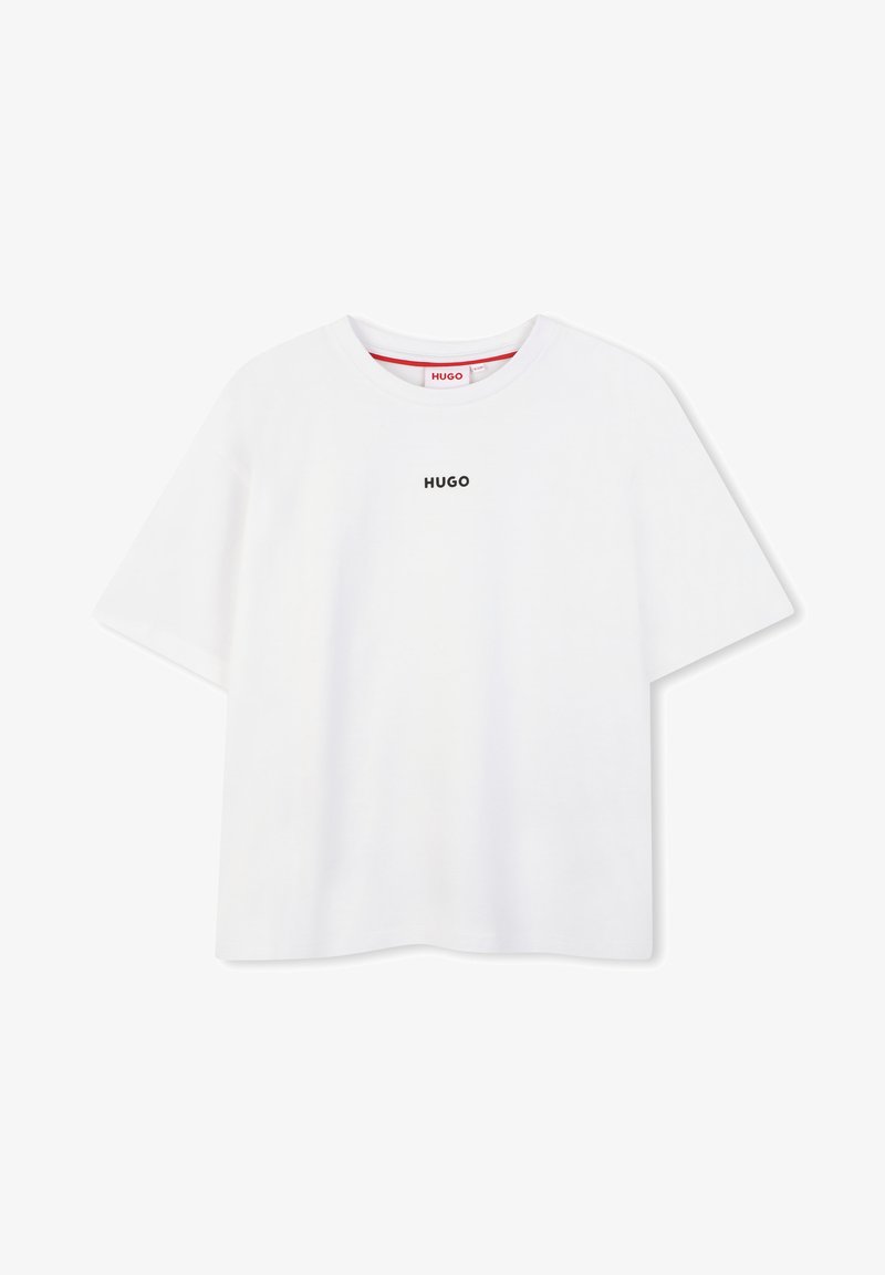 Wit katoenen t-shirt met korte mouwen, een ronde hals en een zwart "HUGO"-logo gedrukt in het midden aan de voorkant. Klassieke pasvorm.