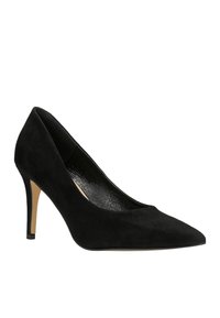 Černé sametové lodičky na vysokém podpatku s špičatou špičkou, štíhlým stiletto podpatkem a hladkým, lesklým vnitřním podšívkou. Jednoduchý design bez viditelného kovového kování.