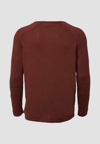 Pullover mit langen Ärmeln in dunklem Rot, mit Rundhalsausschnitt und gerippter Textur. Nahtlose Raglanärmel und ein leicht geschwungener Saum am unteren Rand.
