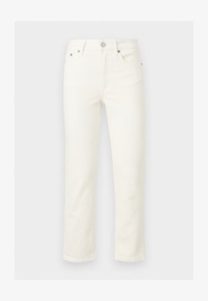 Vzorkové rovné nohavice v krémovej farbe s predným zapínaním na gombíky a zips, opaskové pútka a predné vrecká, zobrazené na jednofarebnom pozadí.