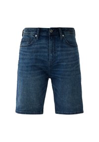 Shorts en denim bleu foncé avec une coupe droite, design à cinq poches et fermeture éclair. Présente un léger effet délavé et des surpiqûres contrastantes.