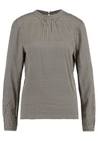 Blusa a maniche lunghe nera e crema con motivo a griglia testurizzato, scollatura arricciata e chiusura a chiave sul retro.