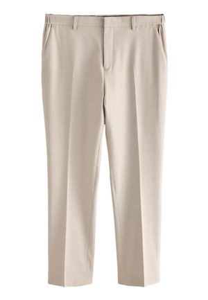 Pantalon habillé beige coupe slim avec passants de ceinture, poches latérales et fermeture éclair devant, présenté à plat sur fond blanc.