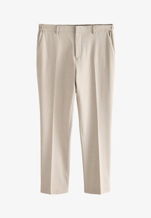Pantalon habillé beige coupe slim avec passants de ceinture, poches latérales et fermeture éclair devant, présenté à plat sur fond blanc.