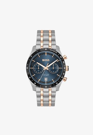 Silver and rose gold stainless steel watch with a blue dial, chronograph functions, tachymeter bezel, and date display at 6 o'clock.