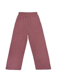 Pantalons de jogging à jambes larges dans une couleur mauve douce, avec une taille élastique et un cordon de serrage, ainsi que deux grandes poches avant. Texture douce.